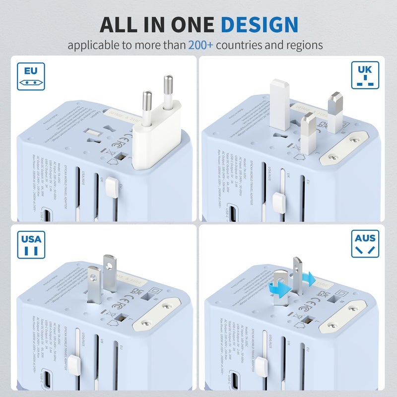 EPICKA Universal Travel Adapter, International Power Adapter with 2 USB-A & 3 USB-C Ports Wall Charger - Worldwide Travel Essentials, European Travel Plug Adapter for UK/US/AU (TA-105C, Blue) - Image 3